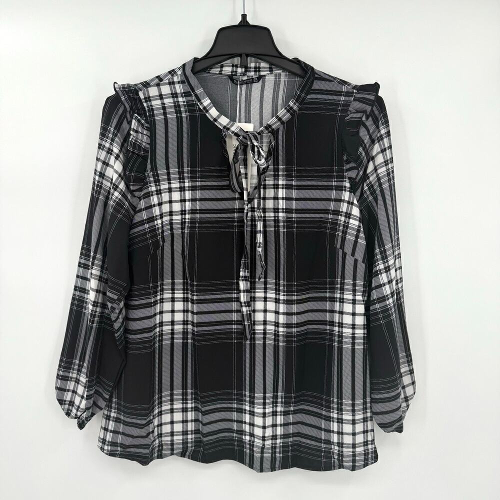 Bloomchic Plaid Tie Neck Lightweight Ruffle Sleeve Pullover Blouse Women Size 10